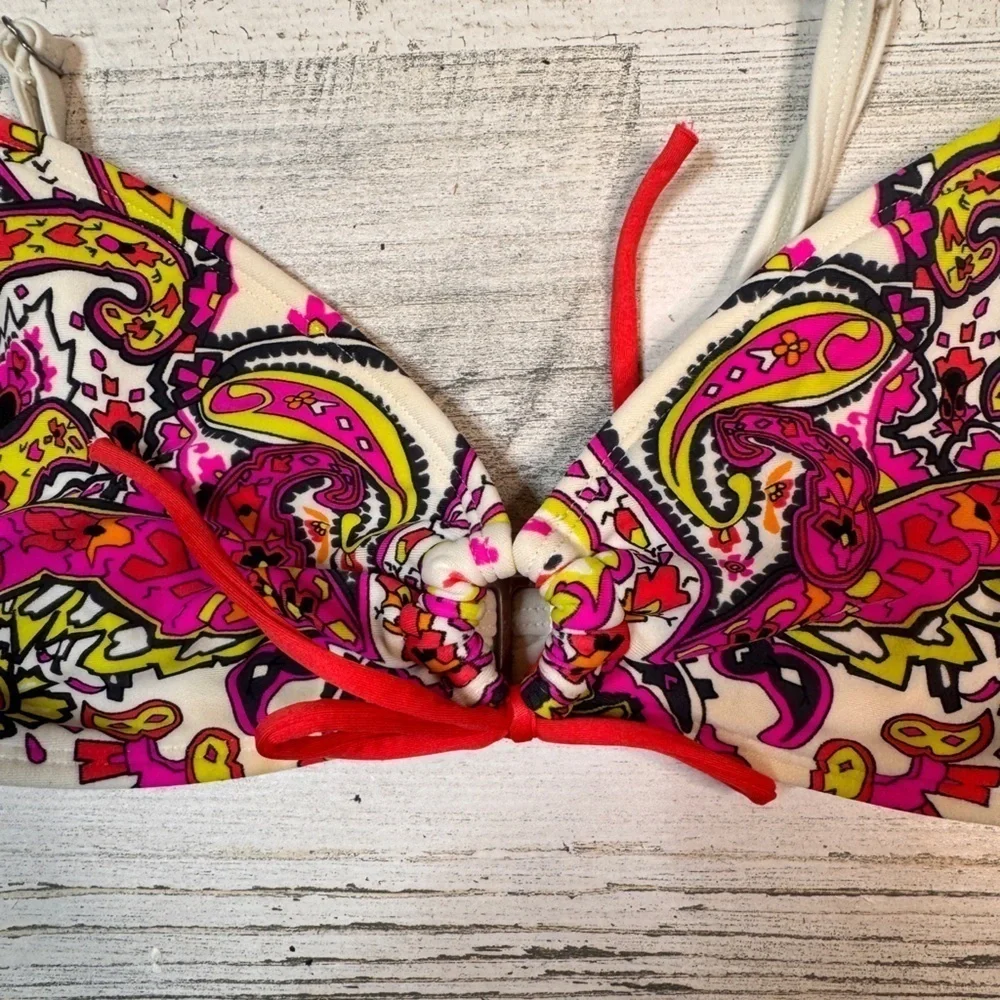 Athleta Zanzibar Scrunch Bikini Top Pink Green White Size Medium Dragonfly